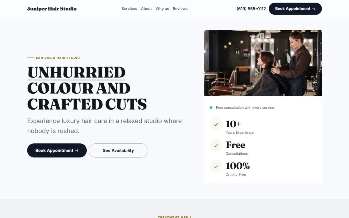 Bold hair salon website template: a dark first screen, big capital headlines and one loud accent colour