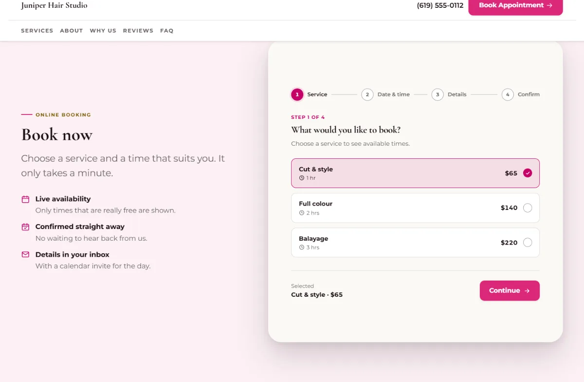 Online booking form on the Bright hair salon website template: customers choose a service, then a free time