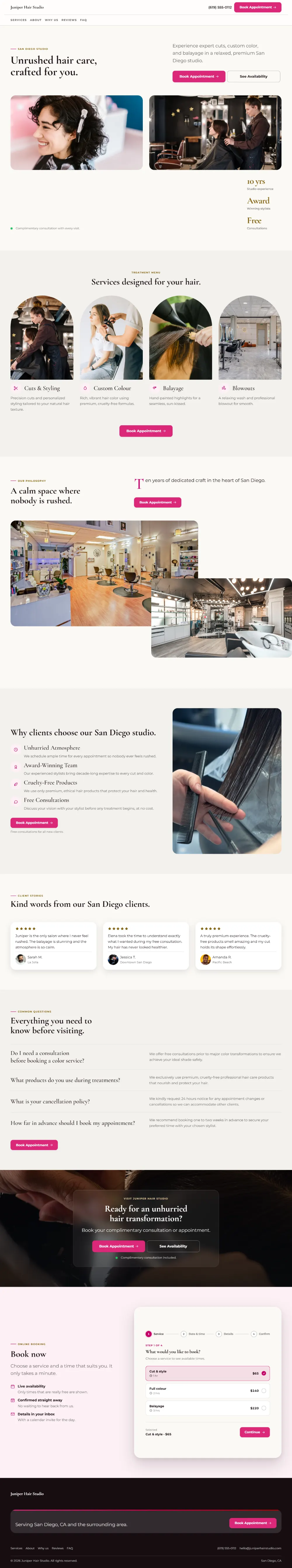 Bright hair salon website template, the whole home page: light and airy, with two photos under the headline