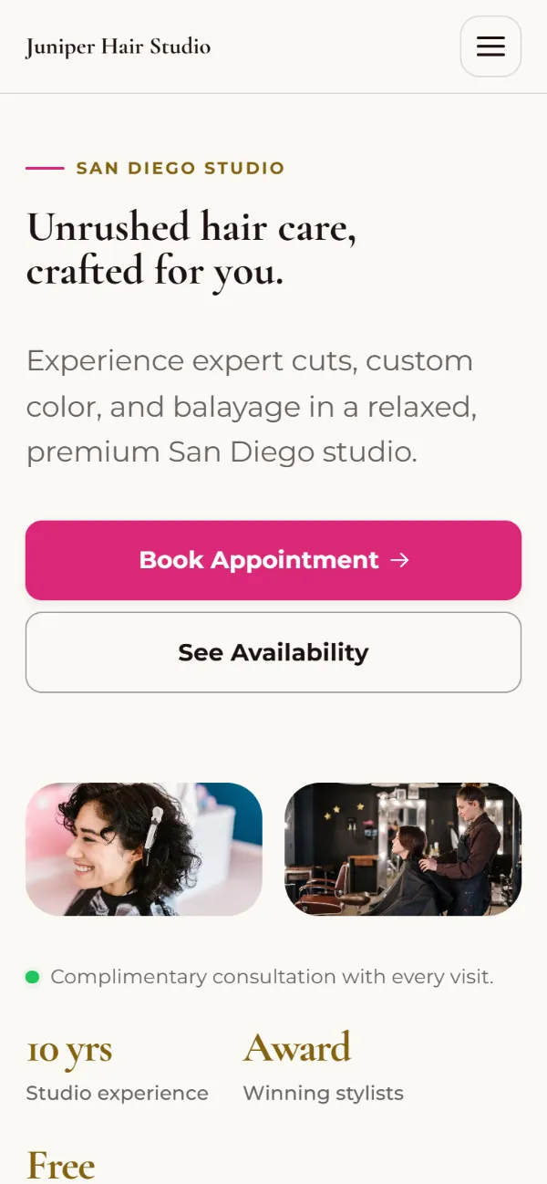 Bright hair salon website template on a phone: light and airy, with two photos under the headline