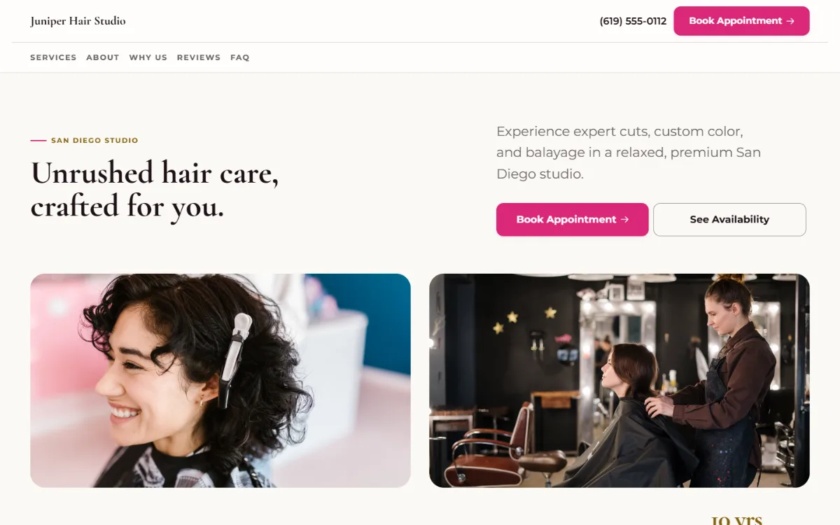 Bright hair salon website template: light and airy, with two photos under the headline