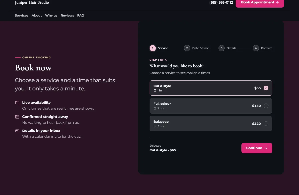 Online booking form on the Dark hair salon website template: customers choose a service, then a free time