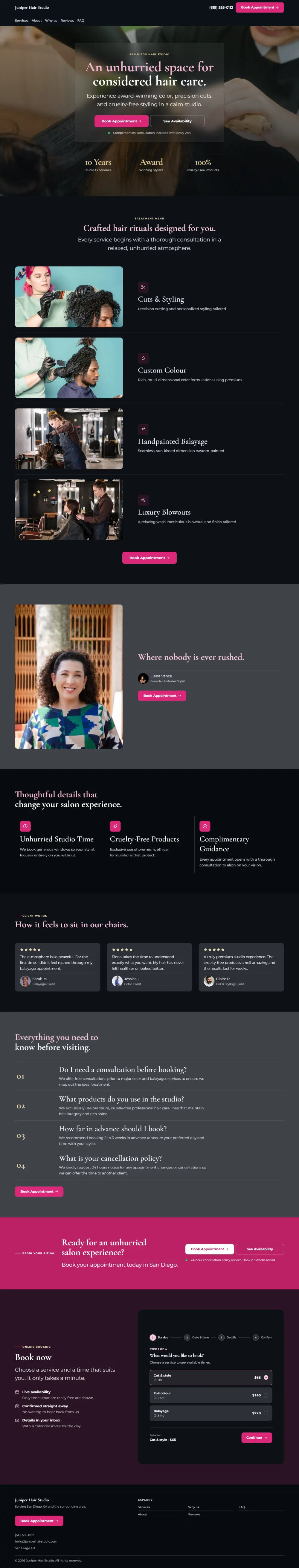 Dark hair salon website template, the whole home page: dark mode throughout, with a glass card over the photo