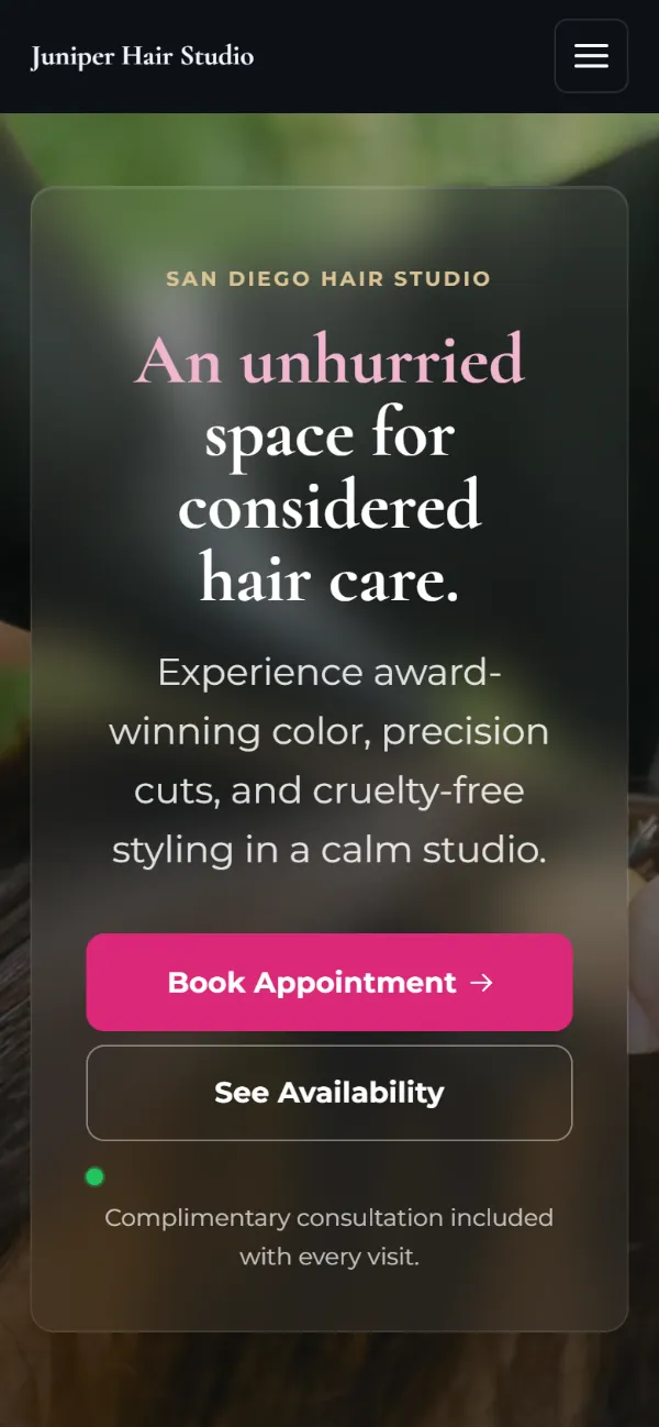 Dark hair salon website template on a phone: dark mode throughout, with a glass card over the photo