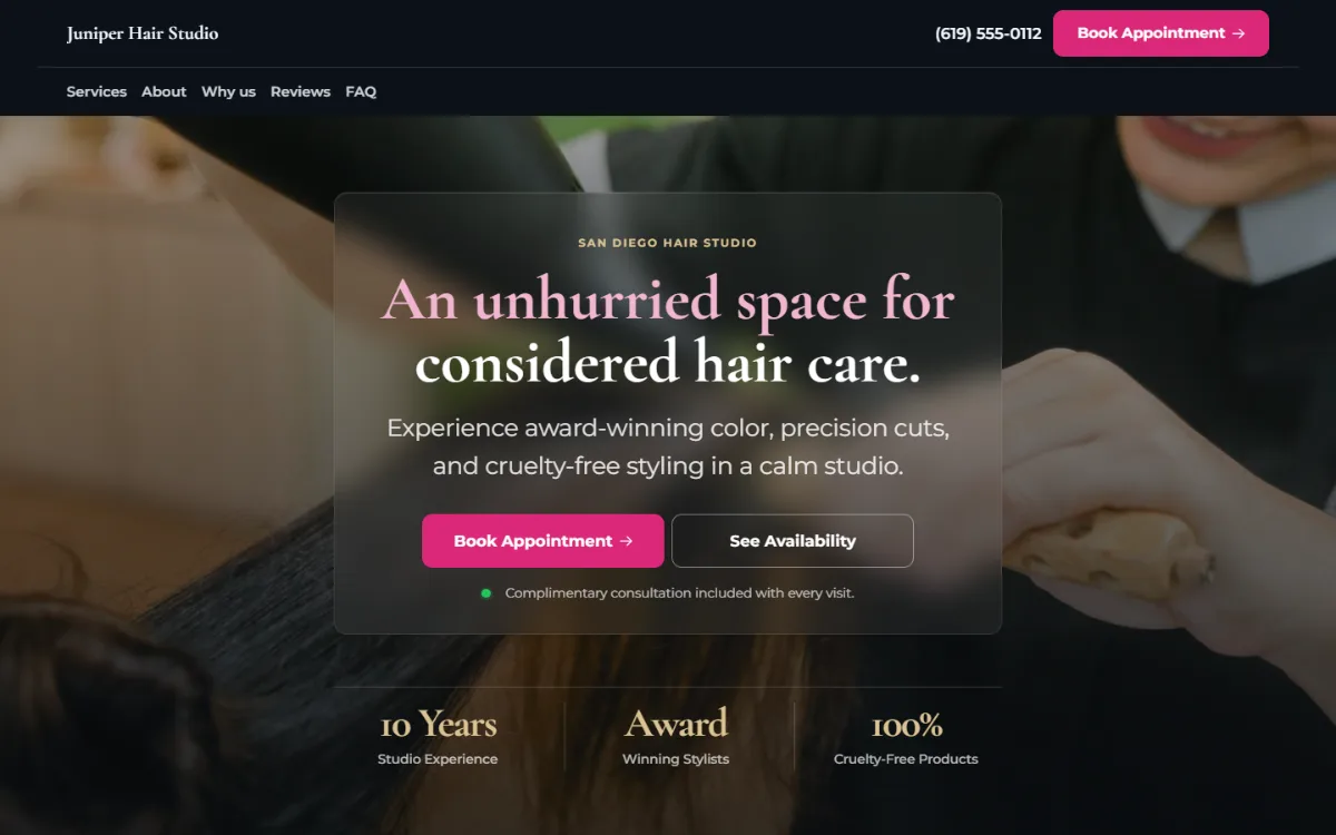 Dark hair salon website template: dark mode throughout, with a glass card over the photo