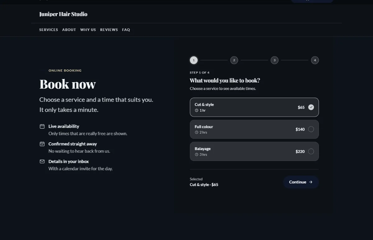 Online booking form on the Luxury hair salon website template: customers choose a service, then a free time