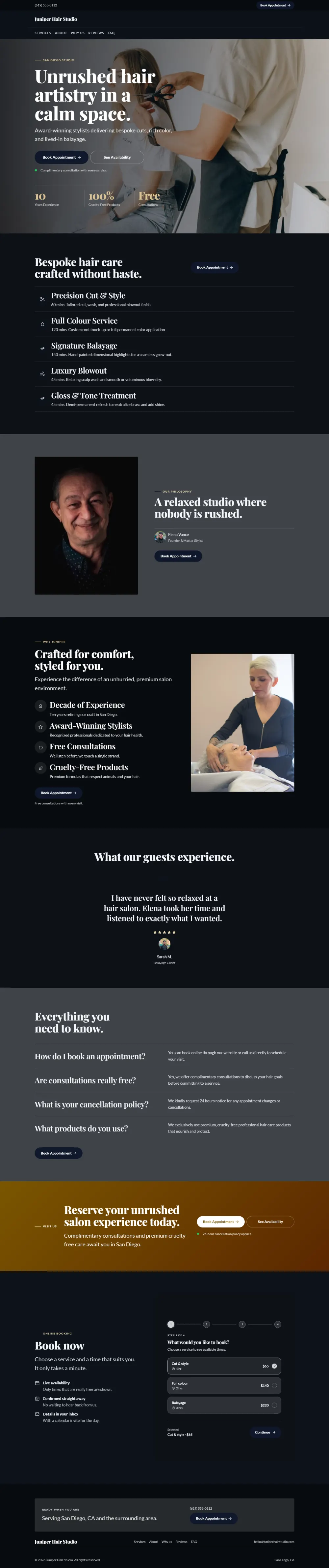 Luxury hair salon website template, the whole home page: dark and understated, with a serif headline over a full-width photo