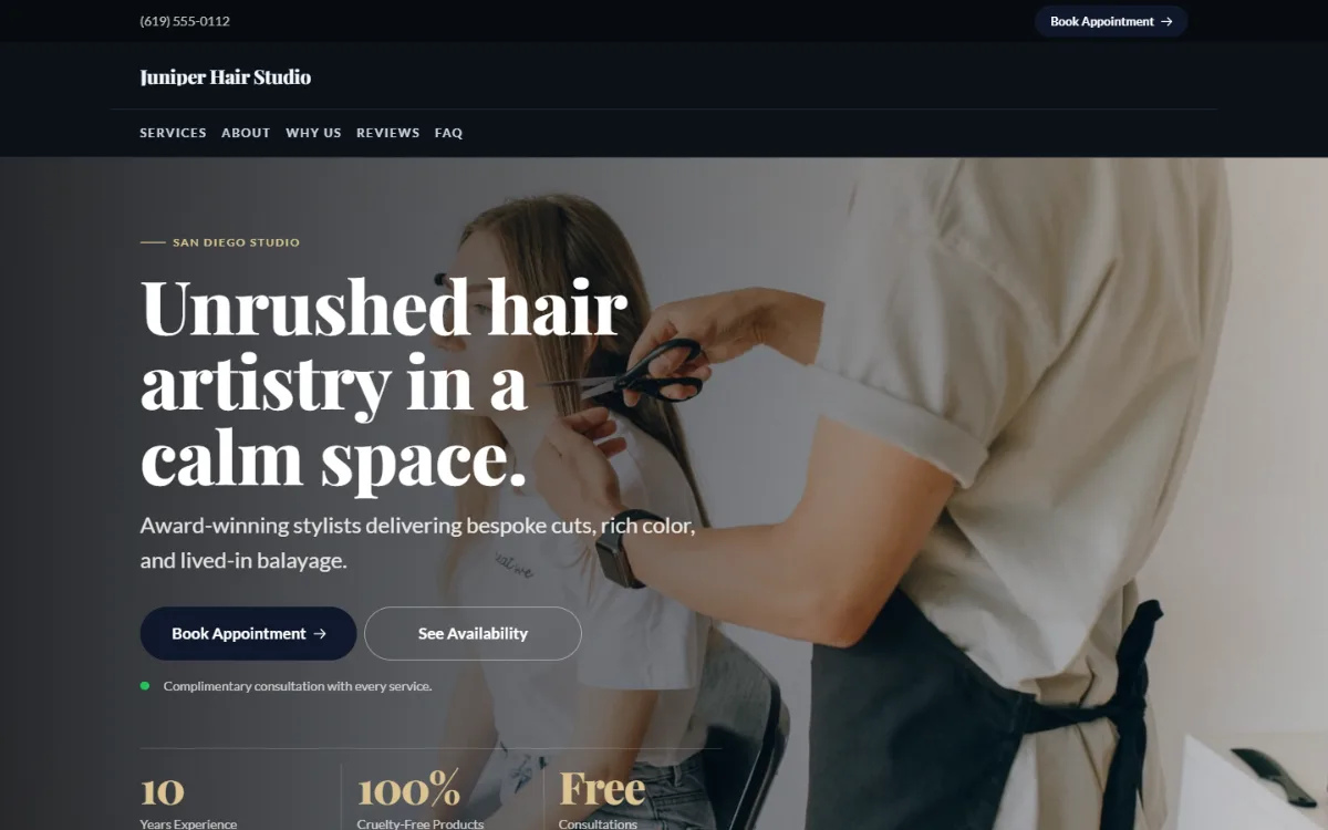 Luxury hair salon website template: dark and understated, with a serif headline over a full-width photo