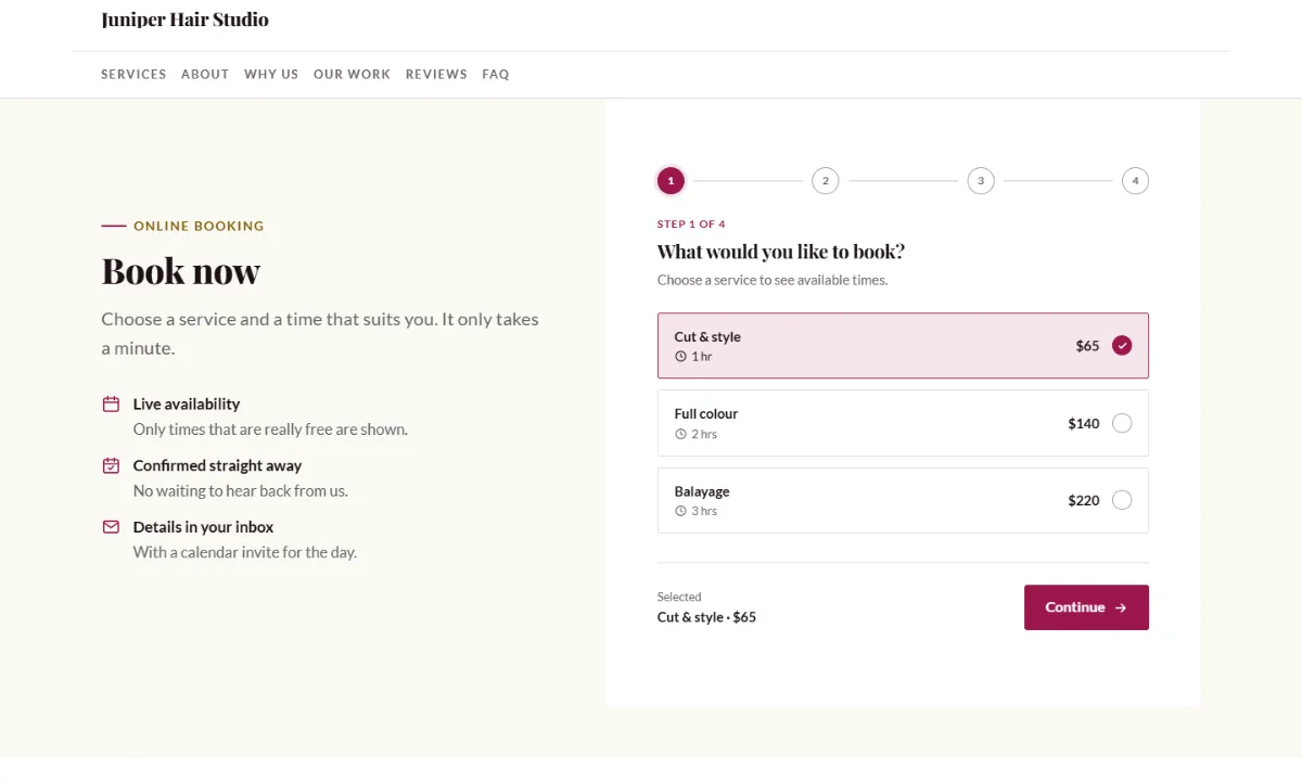 Online booking form on the Professional hair salon website template: customers choose a service, then a free time
