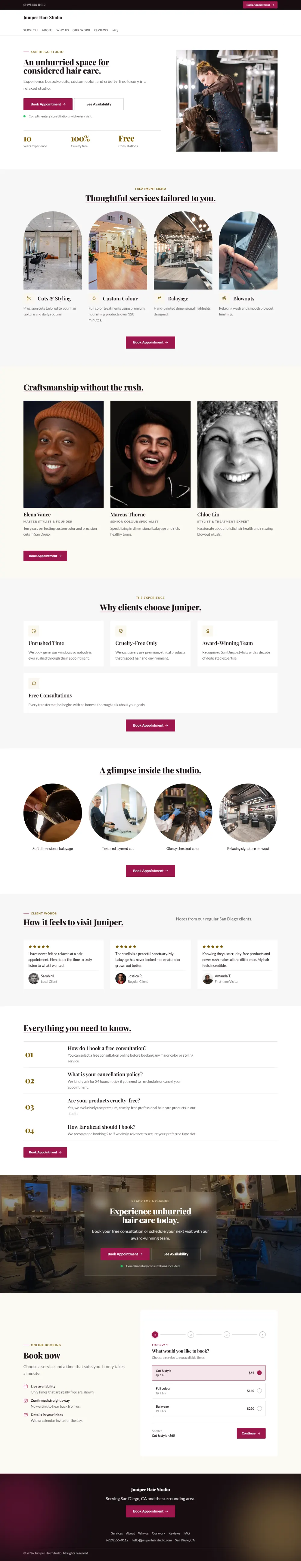 Professional hair salon website template, the whole home page: clean and structured, with a photo beside the headline