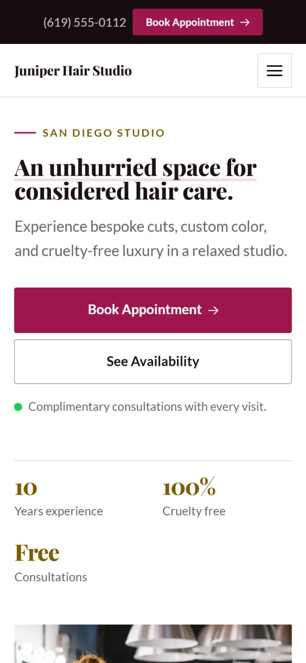 Professional hair salon website template on a phone: clean and structured, with a photo beside the headline