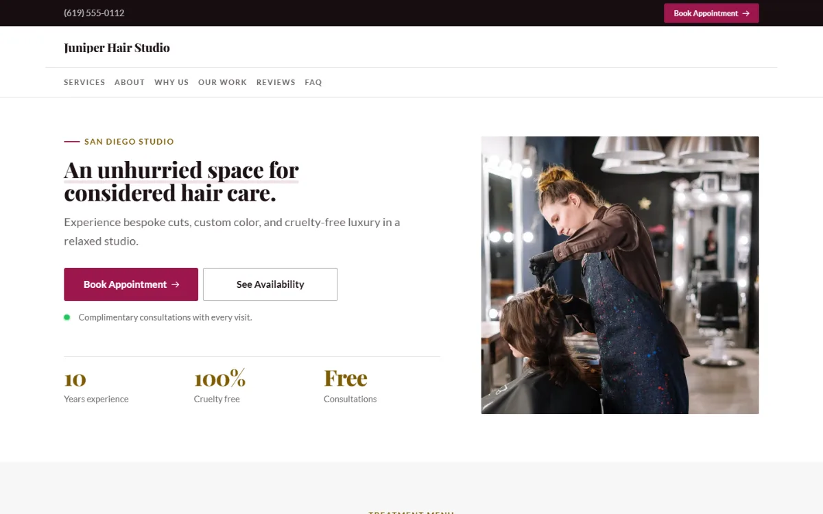 Professional hair salon website template: clean and structured, with a photo beside the headline