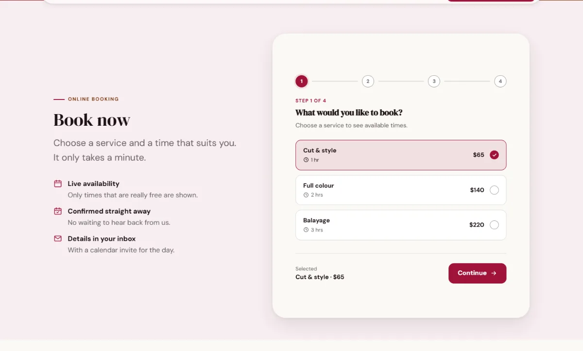 Online booking form on the Warm hair salon website template: customers choose a service, then a free time