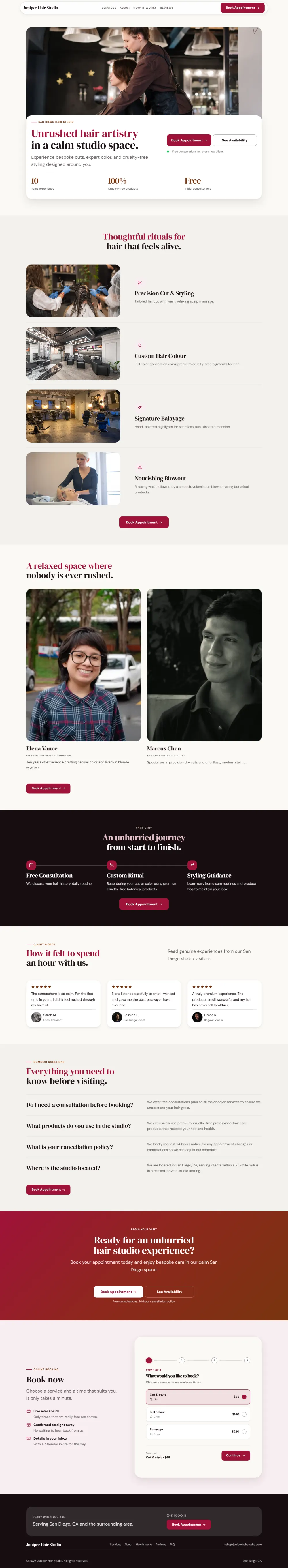 Warm hair salon website template, the whole home page: soft cards and warm colours under a wide photo