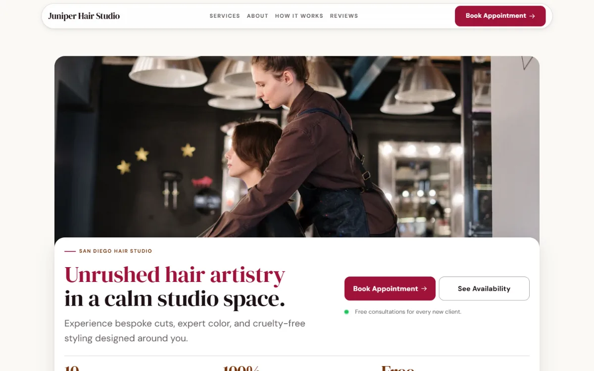Warm hair salon website template: soft cards and warm colours under a wide photo