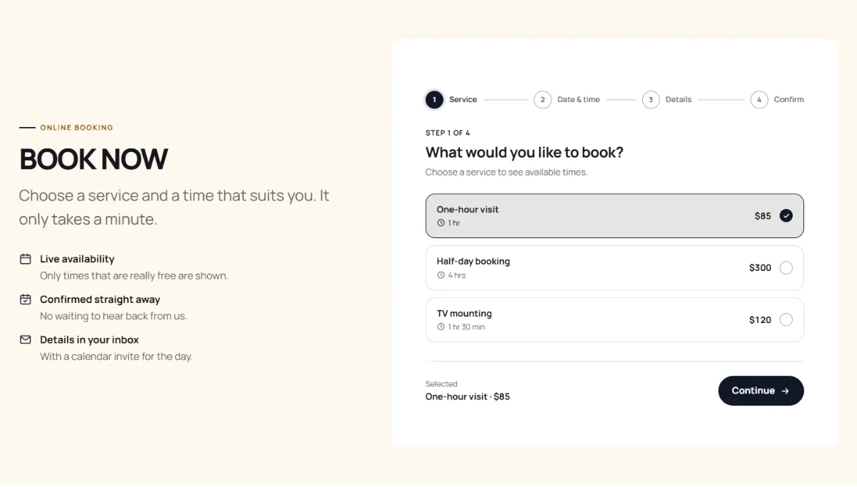 Online booking form on the Bold handyman website template: customers choose a service, then a free time