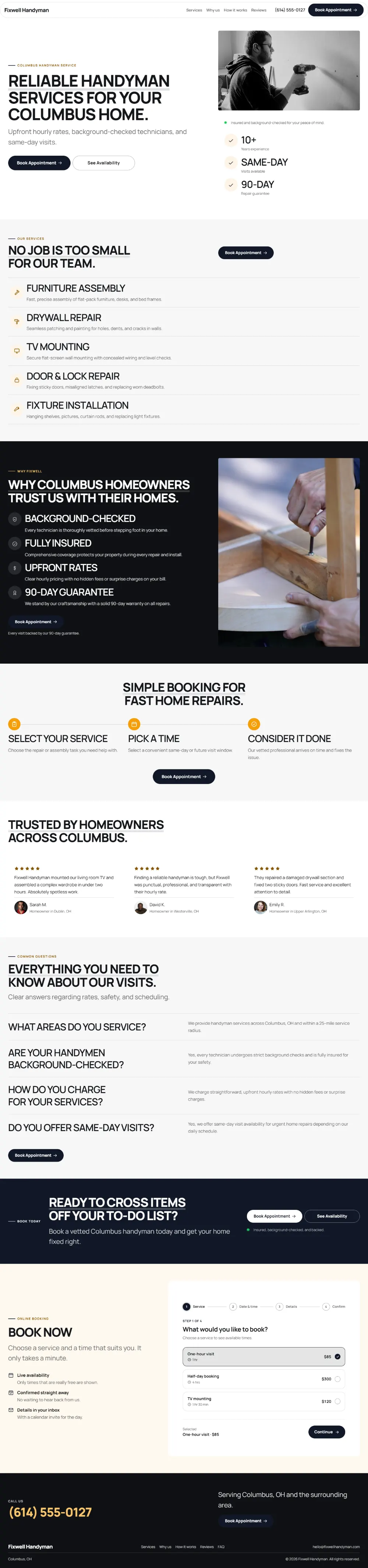 Bold handyman website template, the whole home page: a dark first screen, big capital headlines and one loud accent colour