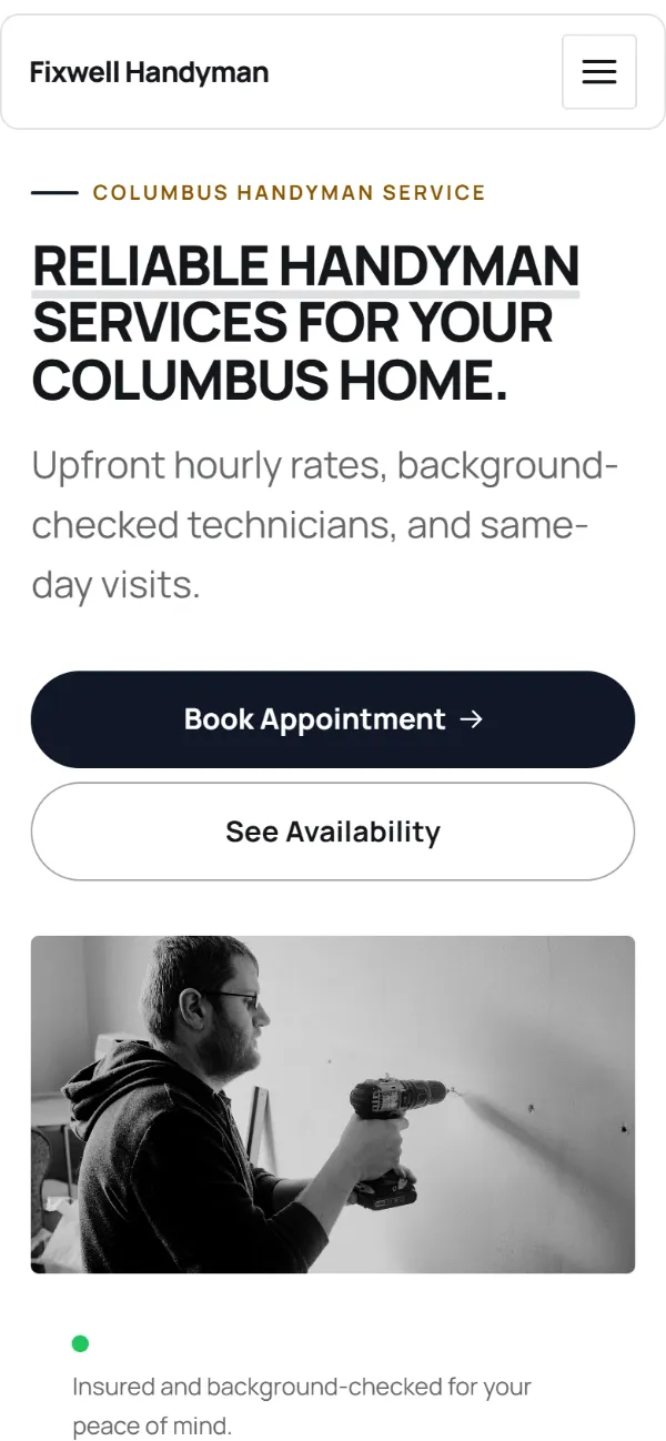 Bold handyman website template on a phone: a dark first screen, big capital headlines and one loud accent colour