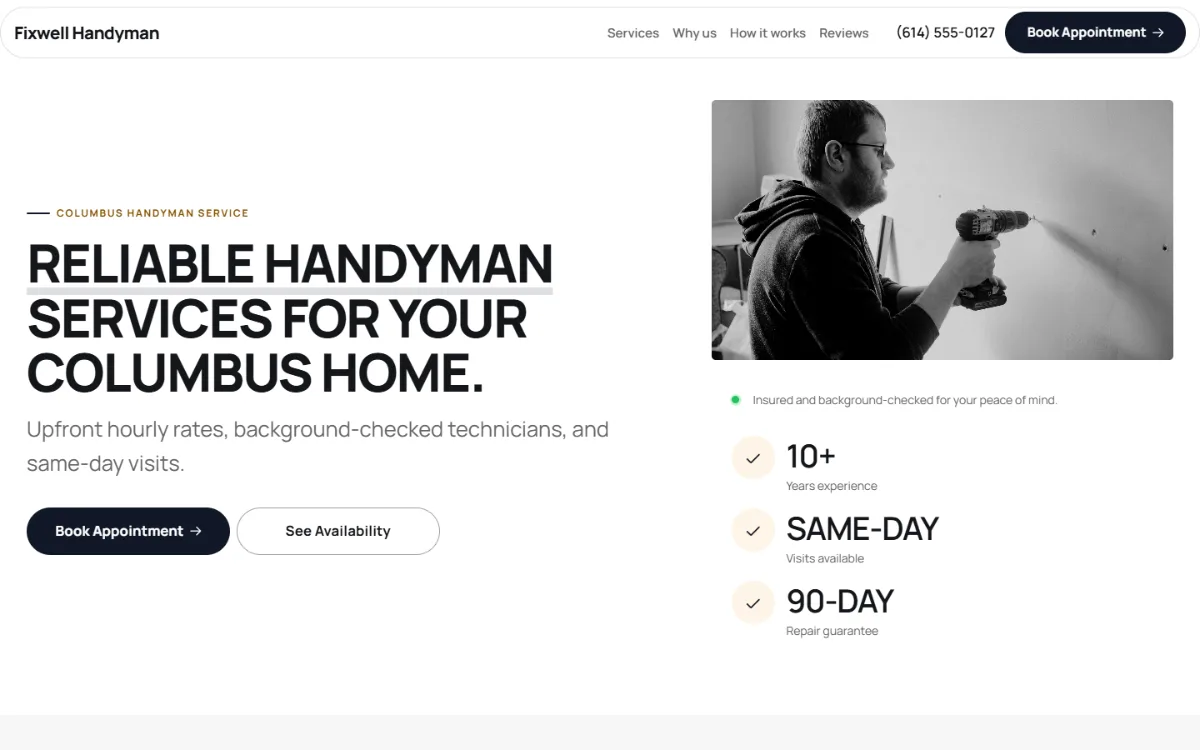 Bold handyman website template: a dark first screen, big capital headlines and one loud accent colour