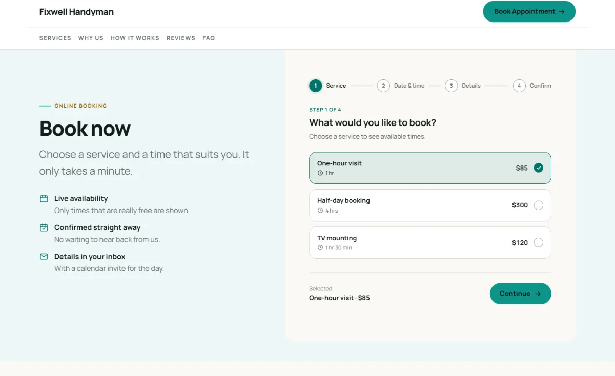 Online booking form on the Bright handyman website template: customers choose a service, then a free time