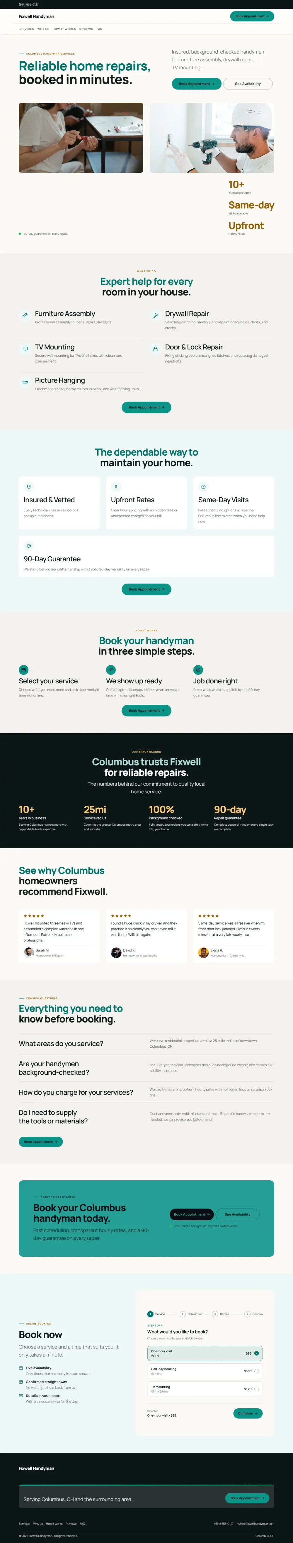 Bright handyman website template, the whole home page: light and airy, with two photos under the headline