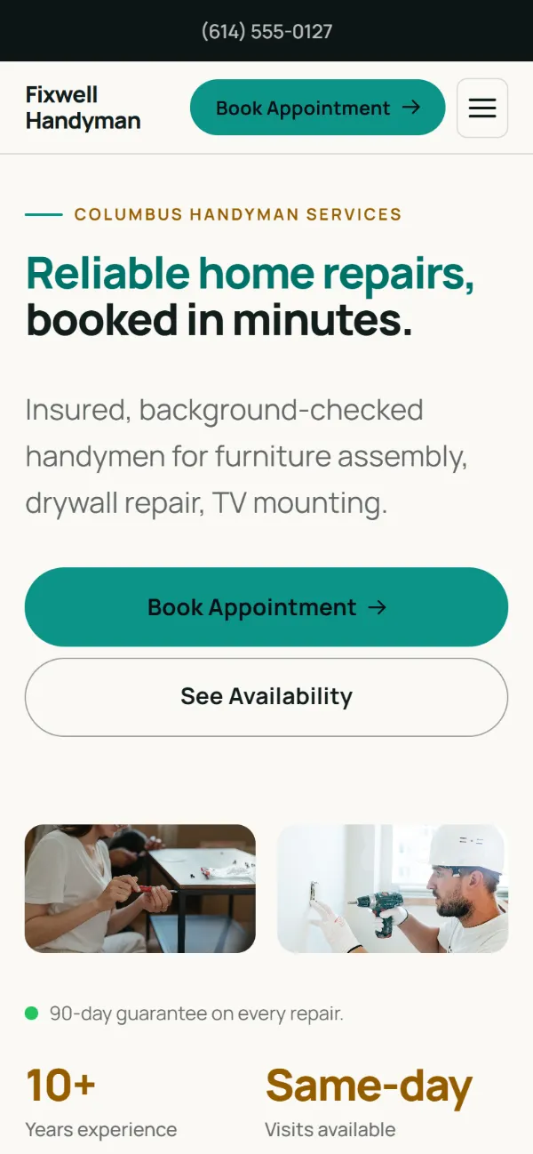 Bright handyman website template on a phone: light and airy, with two photos under the headline