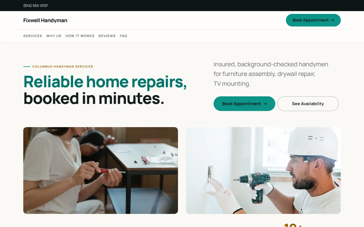 Bright handyman website template: light and airy, with two photos under the headline