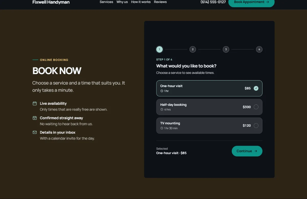 Online booking form on the Dark handyman website template: customers choose a service, then a free time