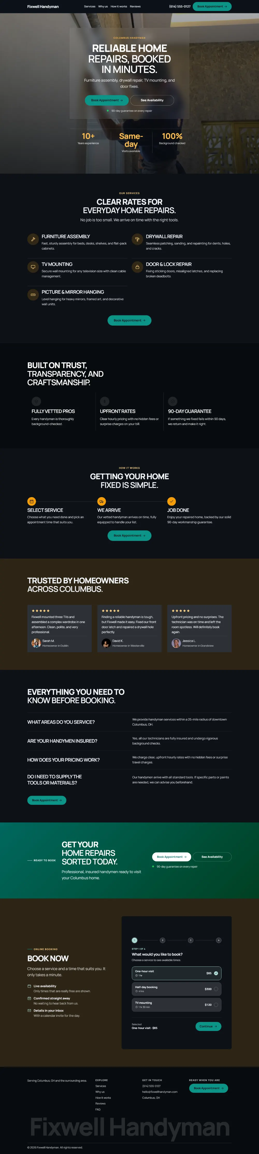 Dark handyman website template, the whole home page: dark mode throughout, with a glass card over the photo
