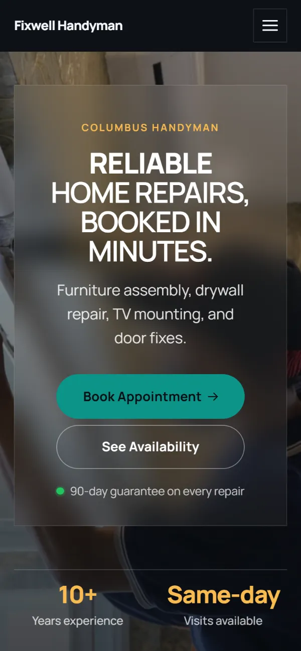 Dark handyman website template on a phone: dark mode throughout, with a glass card over the photo