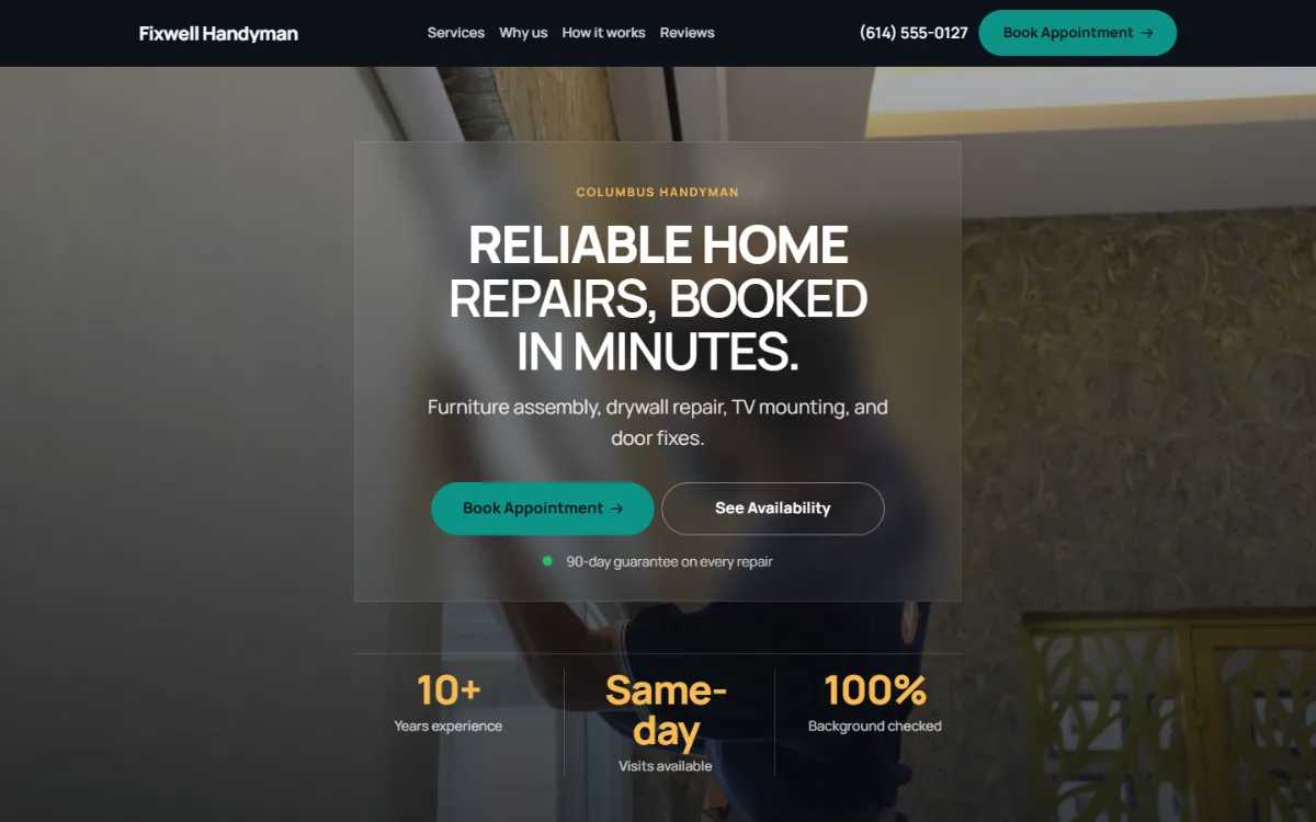 Dark handyman website template: dark mode throughout, with a glass card over the photo
