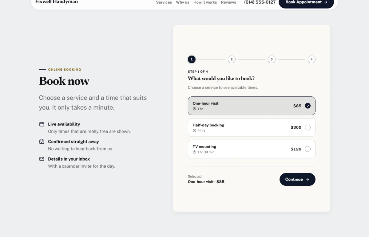 Online booking form on the Luxury handyman website template: customers choose a service, then a free time