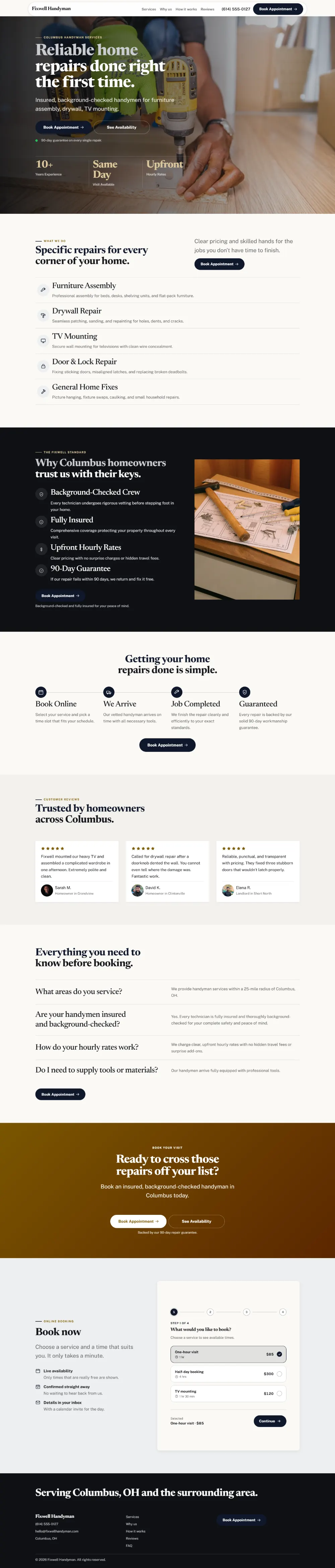 Luxury handyman website template, the whole home page: dark and understated, with a serif headline over a full-width photo