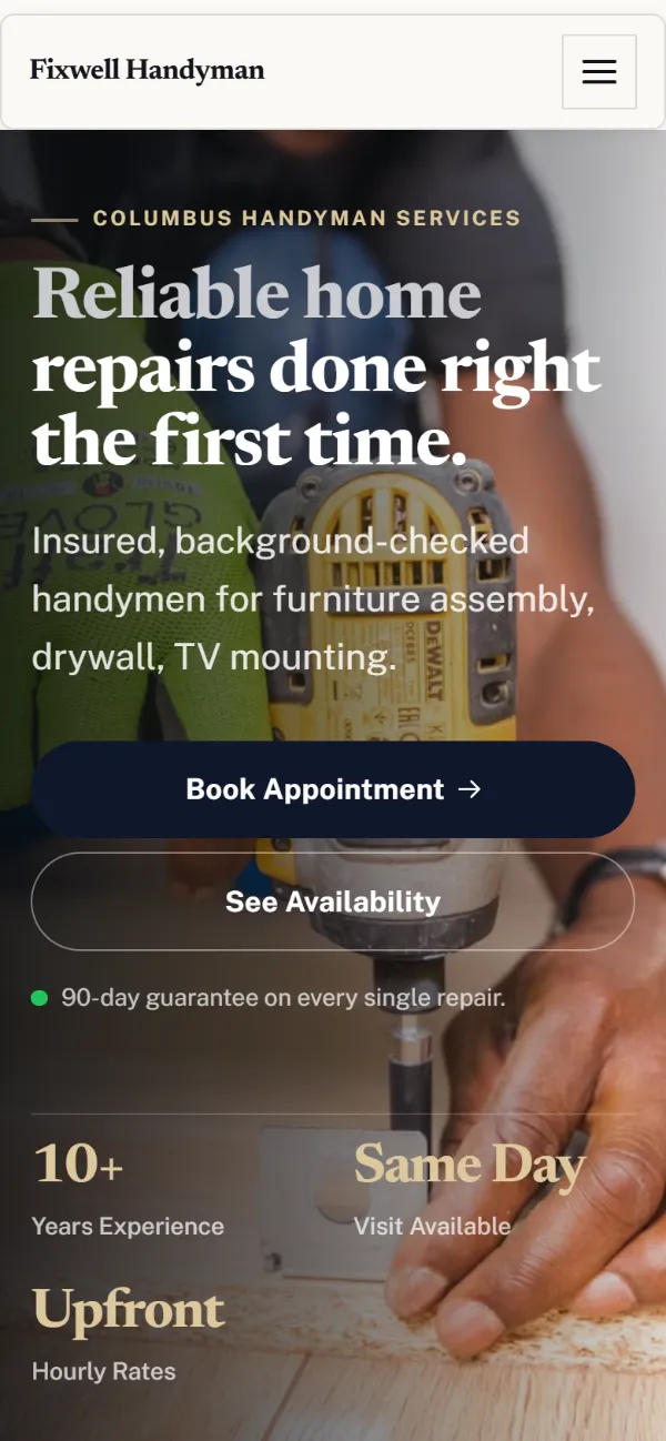 Luxury handyman website template on a phone: dark and understated, with a serif headline over a full-width photo