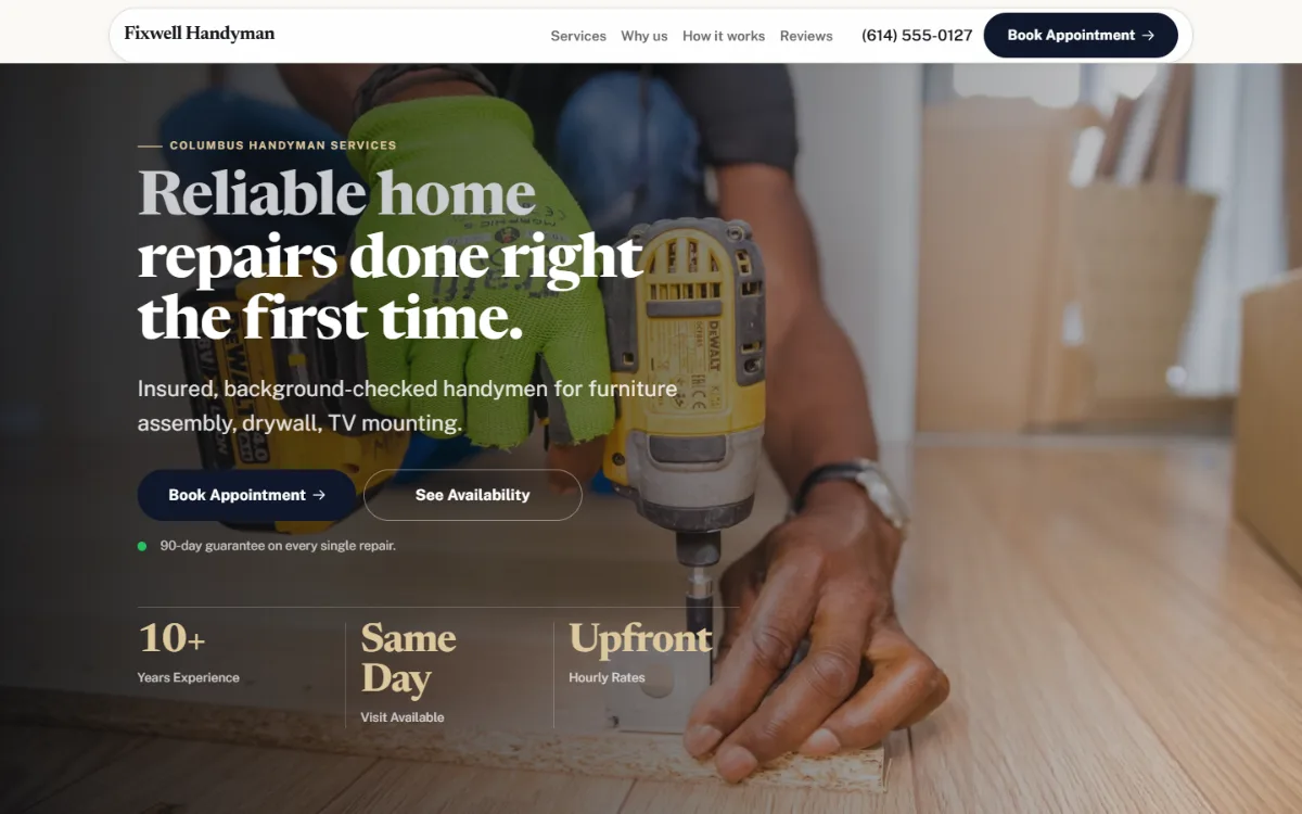 Luxury handyman website template: dark and understated, with a serif headline over a full-width photo