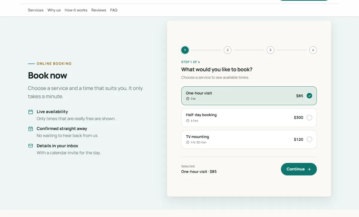 Online booking form on the Professional handyman website template: customers choose a service, then a free time