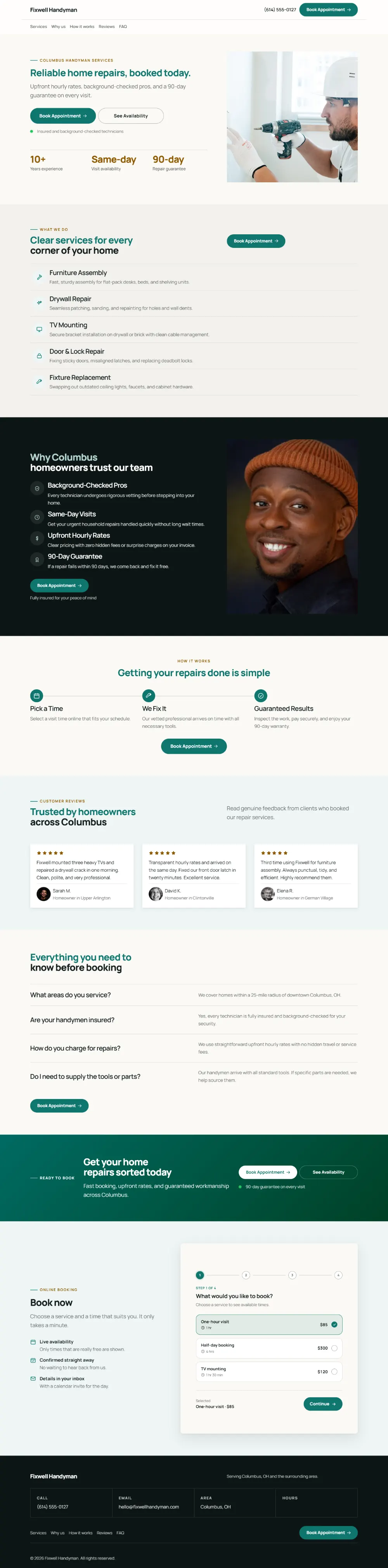 Professional handyman website template, the whole home page: clean and structured, with a photo beside the headline