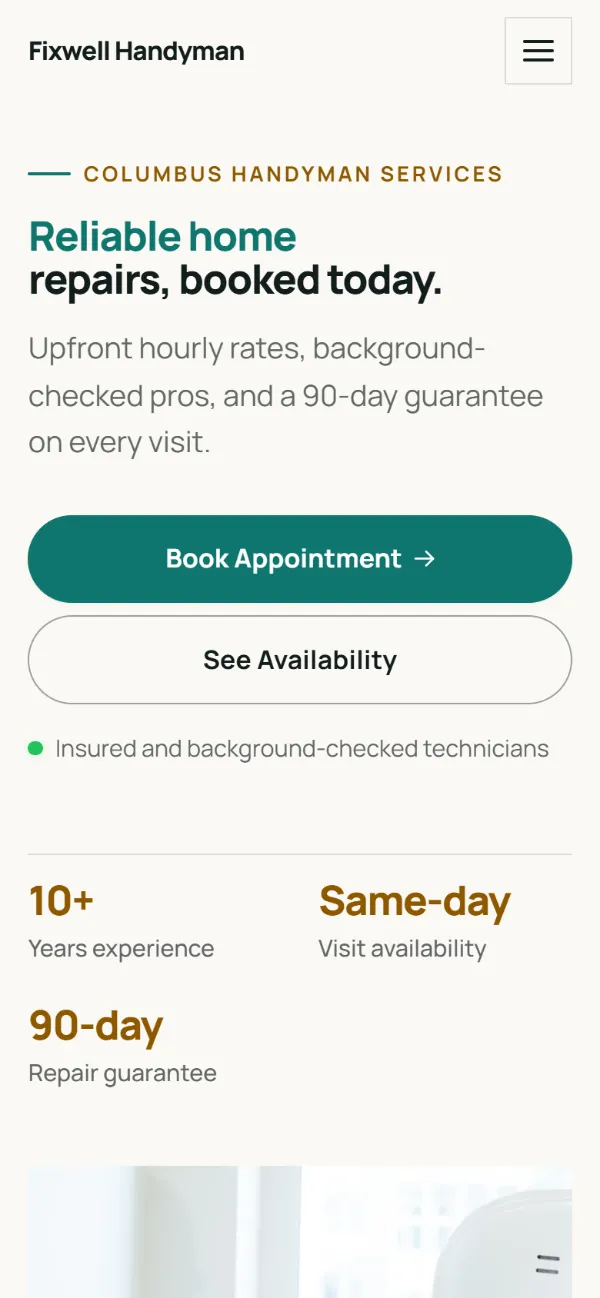Professional handyman website template on a phone: clean and structured, with a photo beside the headline