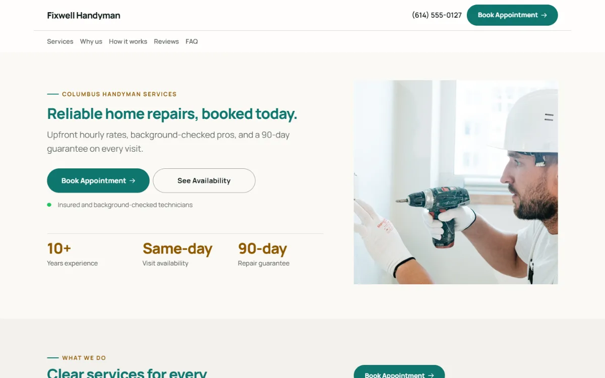 Professional handyman website template: clean and structured, with a photo beside the headline