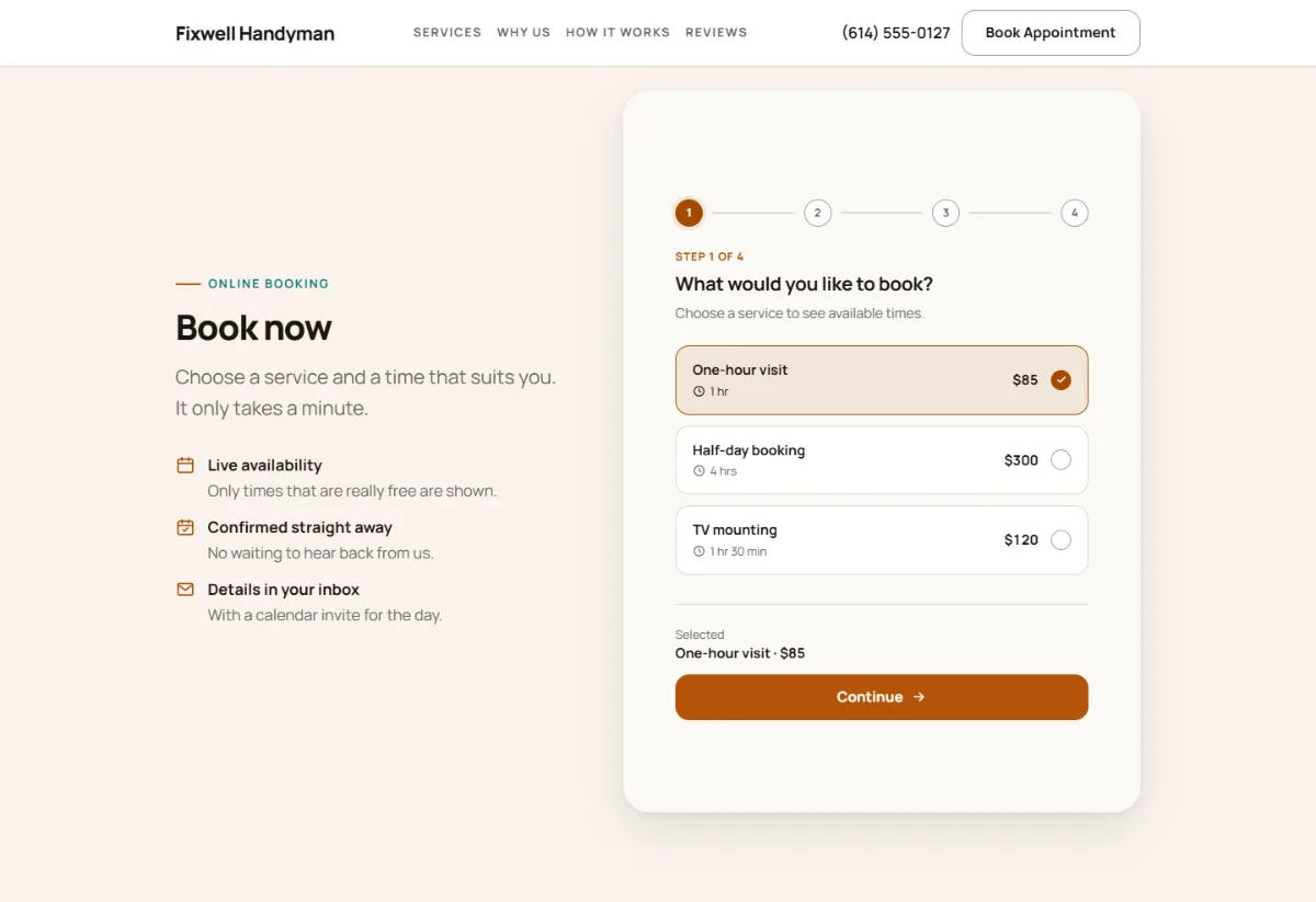 Online booking form on the Warm handyman website template: customers choose a service, then a free time