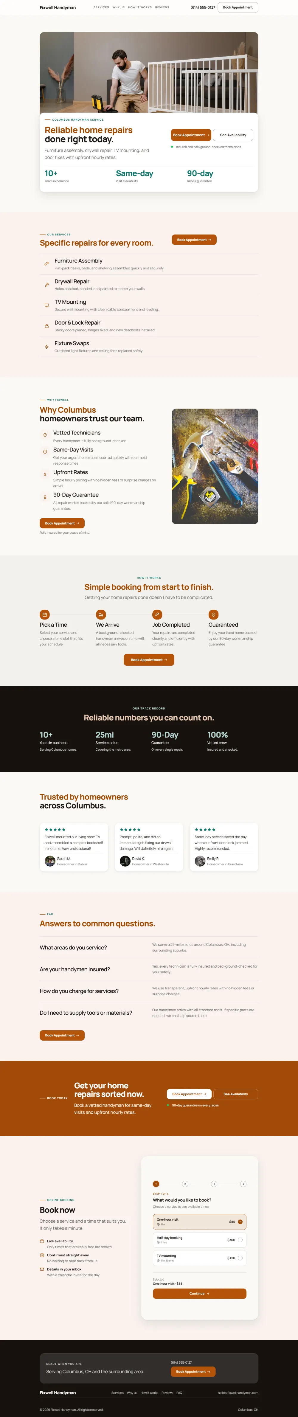 Warm handyman website template, the whole home page: soft cards and warm colours under a wide photo