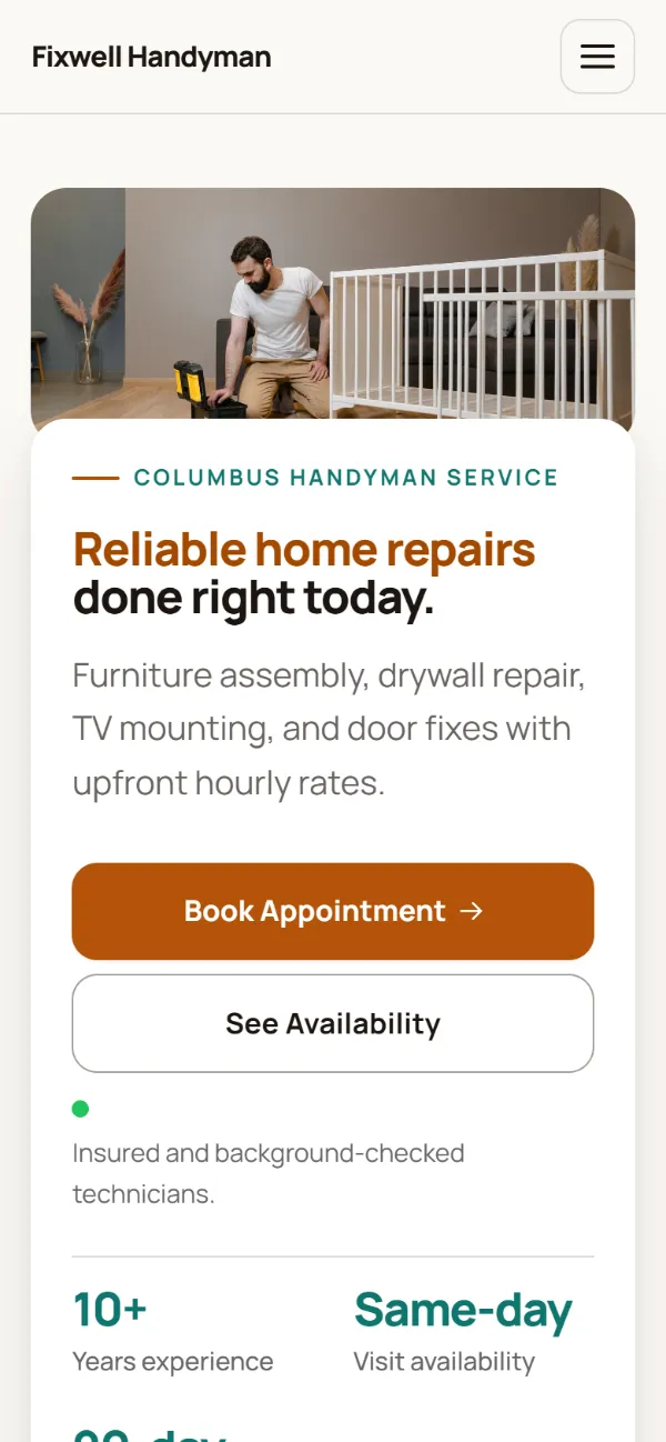 Warm handyman website template on a phone: soft cards and warm colours under a wide photo