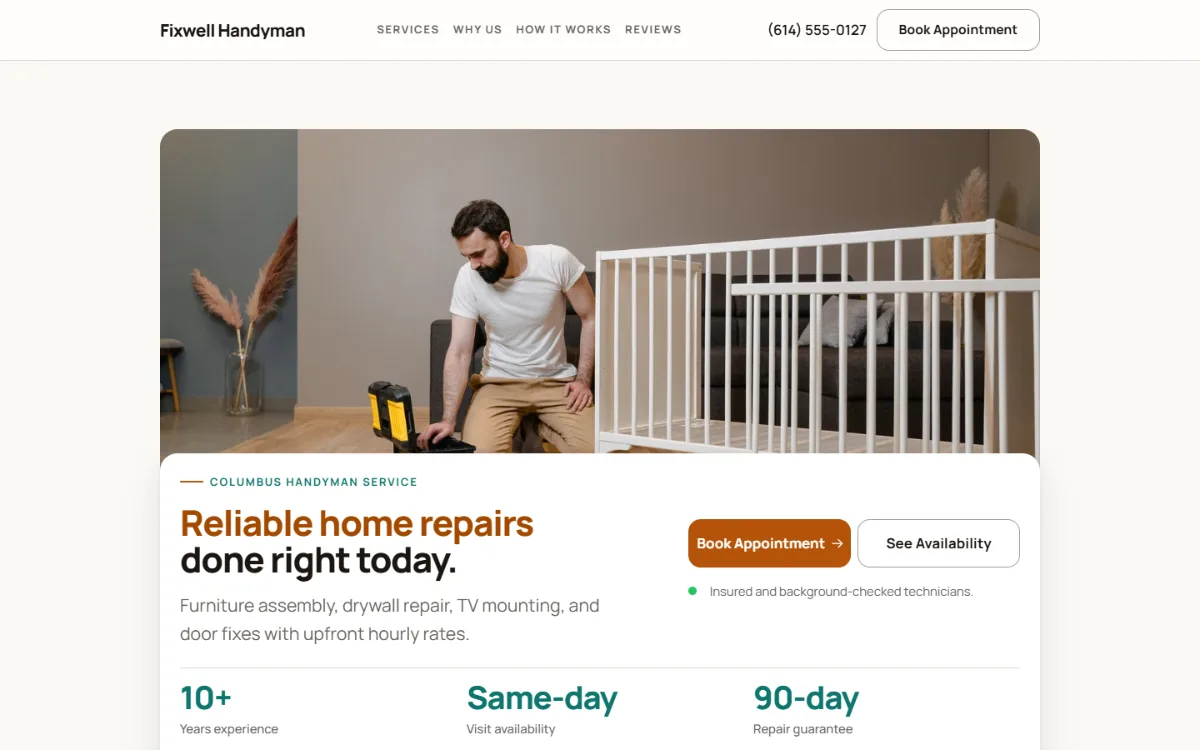 Warm handyman website template: soft cards and warm colours under a wide photo