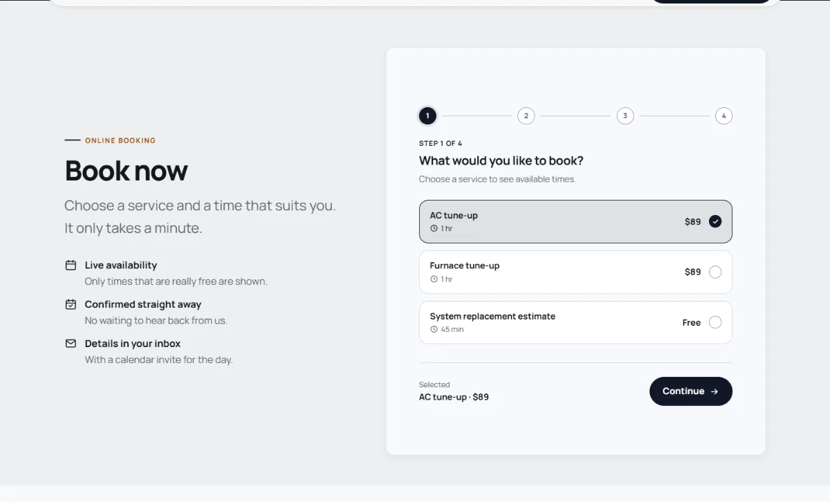 Online booking form on the Bold hvac website template: customers choose a service, then a free time