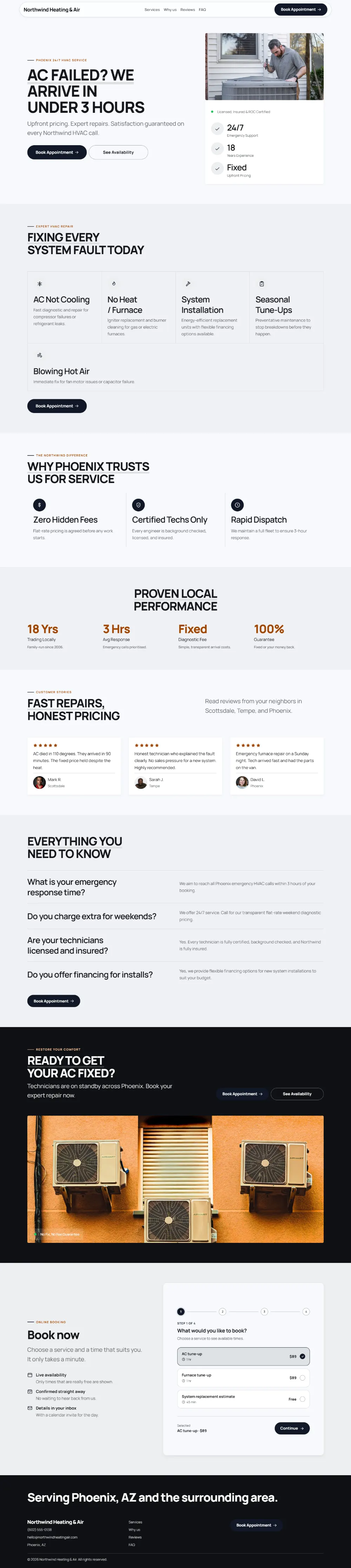 Bold hvac website template, the whole home page: a dark first screen, big capital headlines and one loud accent colour