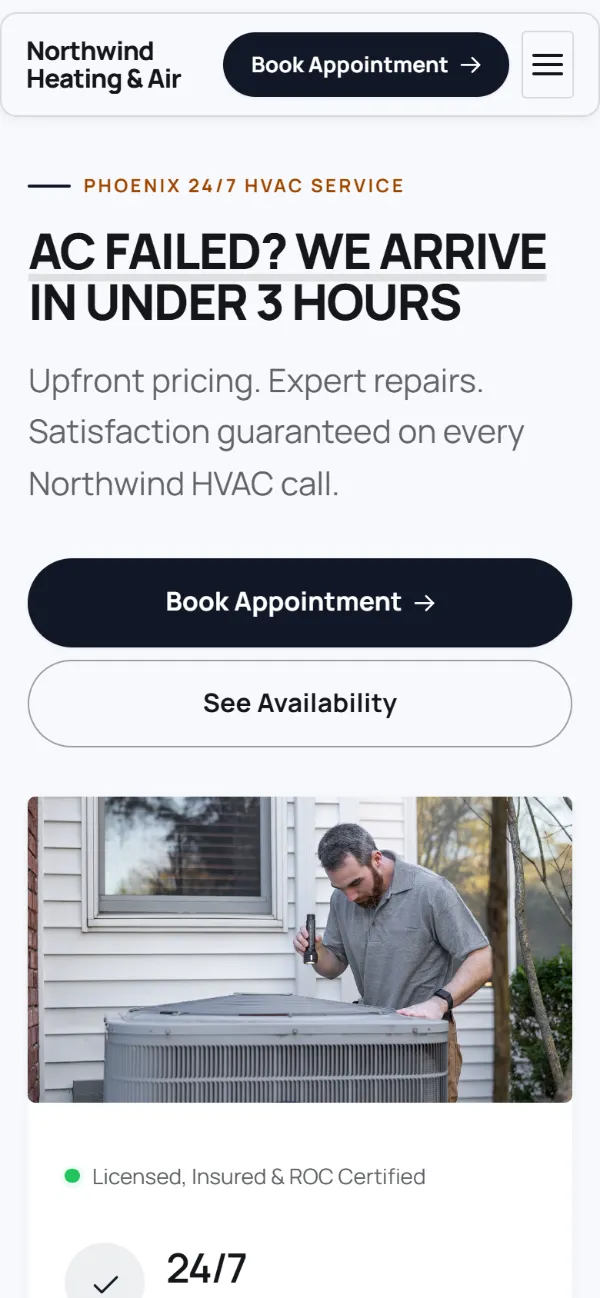 Bold hvac website template on a phone: a dark first screen, big capital headlines and one loud accent colour