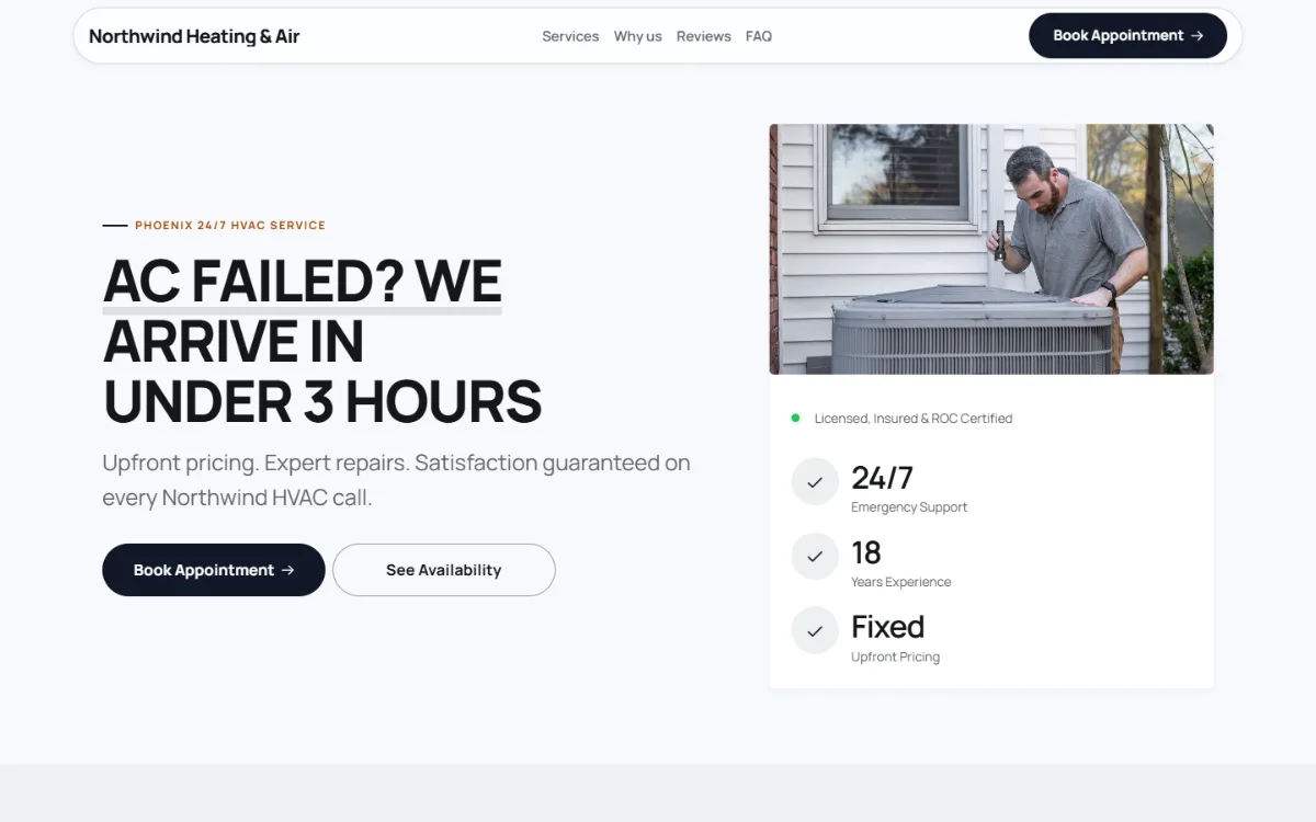 Bold hvac website template: a dark first screen, big capital headlines and one loud accent colour