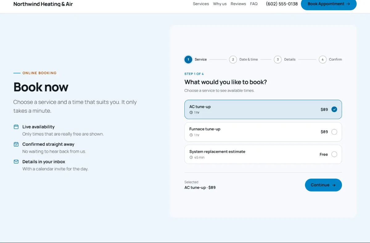 Online booking form on the Bright hvac website template: customers choose a service, then a free time