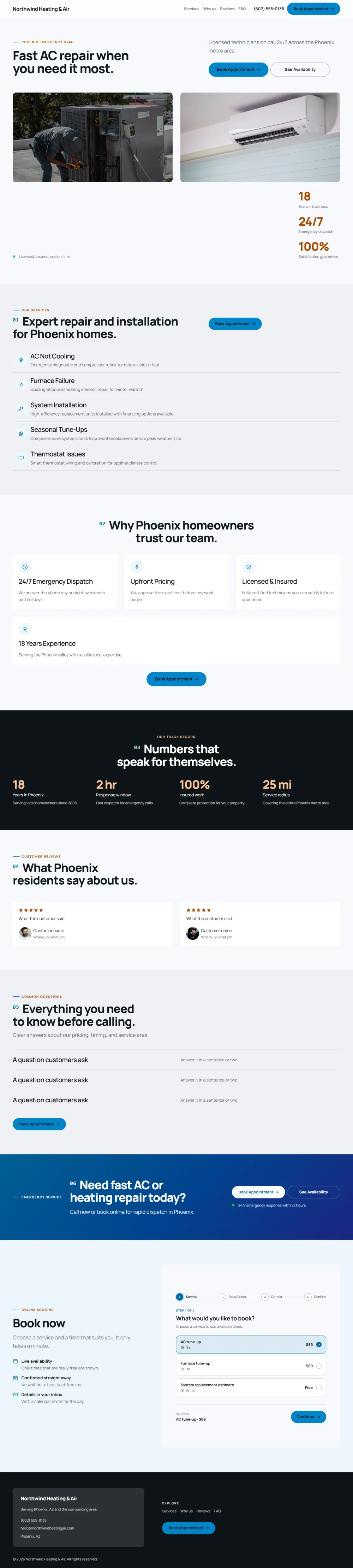Bright hvac website template, the whole home page: light and airy, with two photos under the headline