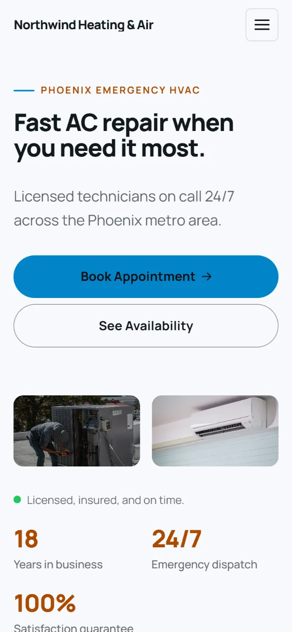 Bright hvac website template on a phone: light and airy, with two photos under the headline